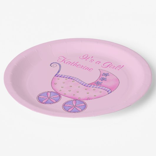 Pink Girl Baby Buggy Ein Mädchenname Personalisier Pappteller (Schrägansicht)