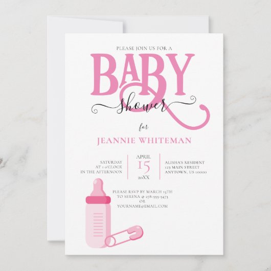 PINK GIRL BABY DUSCHE MIT BABYFLASCHE EINLADUNG (Vorderseite)