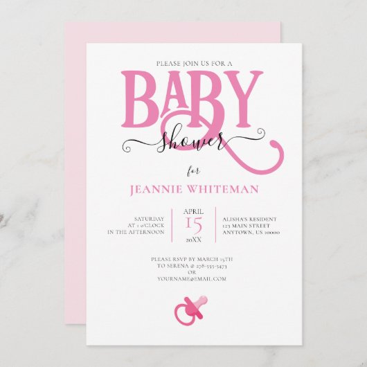 PINK GIRL BABY DUSCHE MIT SCHNULLER EINLADUNG (Vorne/Hinten)