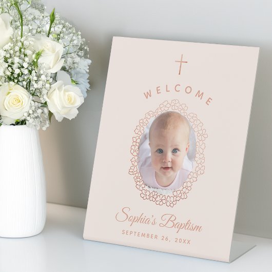 Pink Girl Baptism Photo in Rose Gold Floral Wreath Sockelschild