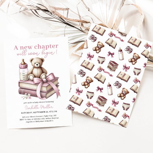 Pink Girl Bear Baby Dusche Neues Kapitel beginnt Einladung
