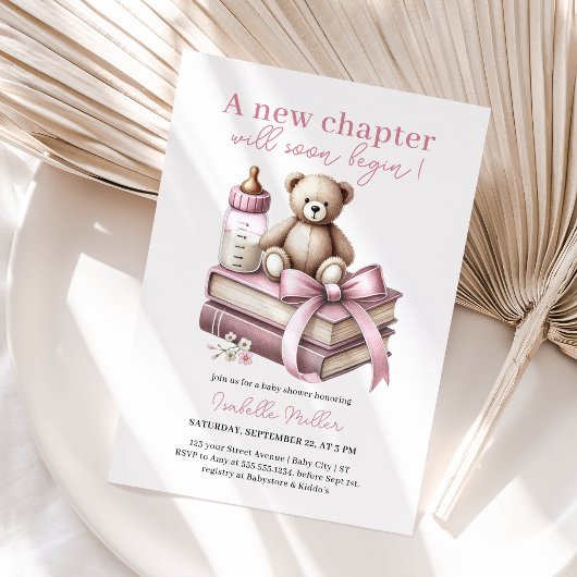 Pink Girl Bear Baby Dusche Neues Kapitel beginnt Einladung