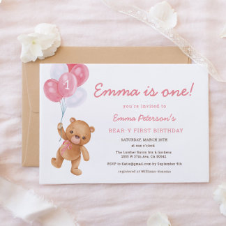 Pink Girl Bearly Erster Geburtstag Einladung