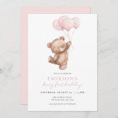 Pink Girl Beary Erster Geburtstag Einladung (Vorne/Hinten)