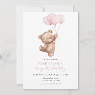 Pink Girl Beary Erster Geburtstag Einladung