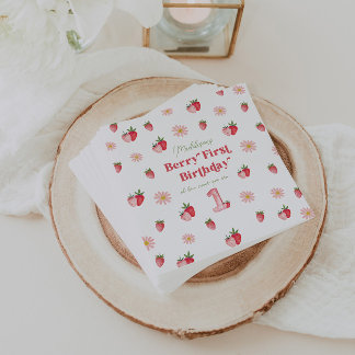 Pink Girl Birthday Strawberries and Daisies Simple Serviette