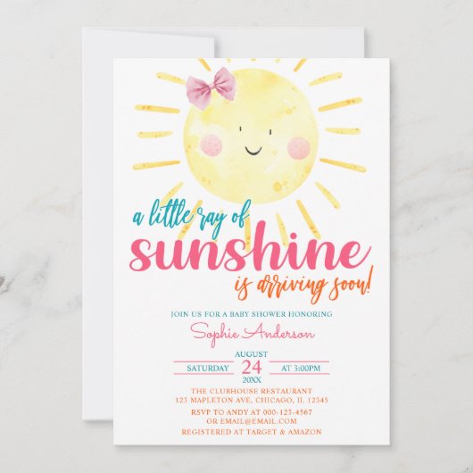 Pink Girl Bow ein wenig Ray Sunshine Baby Dusche Einladung (Vorderseite)