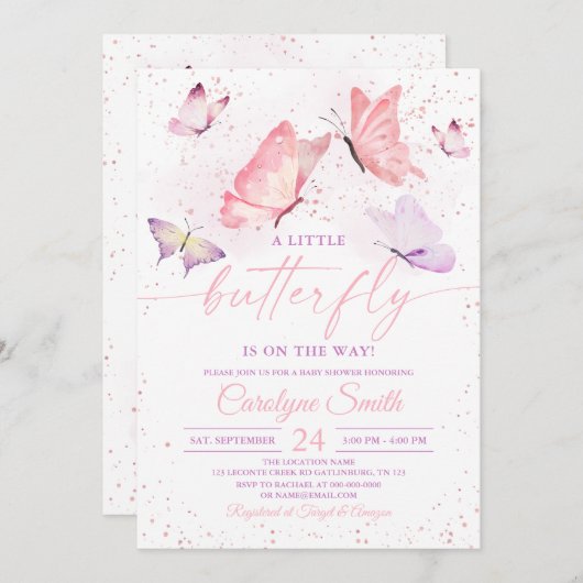 Pink Girl Butterfly Baby Dusche Einladung (Vorne/Hinten)