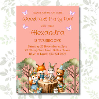 Pink Girl Butterfly Woodland Tiere 1. Geburtstag Einladung