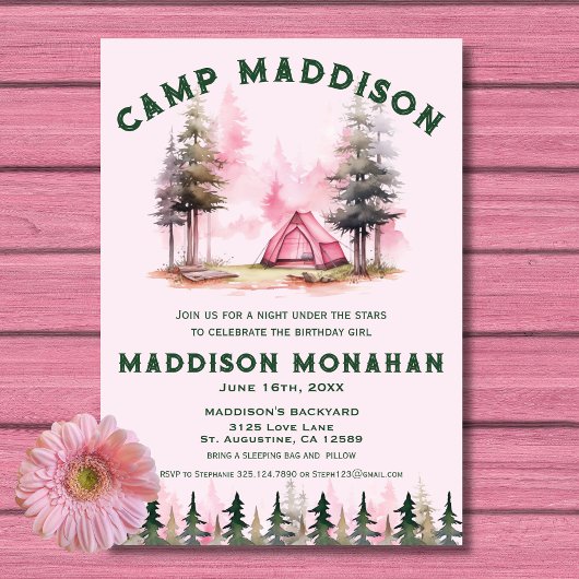 Pink Girl Camping Geburtstagseinladung Einladung