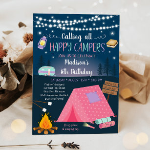 Pink Girl Camping S'mores Sleepover Birthday Einladung