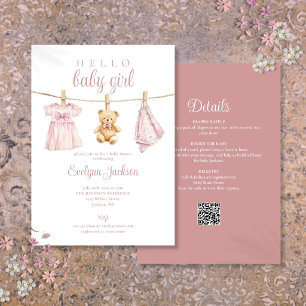 Pink Girl Clothesline Baby Dusche in einem Einladung
