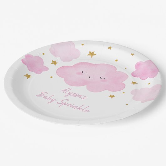 Pink Girl Cloud Stars Baby Sprinkle Pappteller (Schrägansicht)
