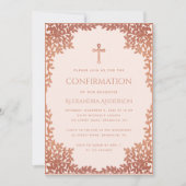 Pink Girl Confirmation Rose Gold Blätter Religiöse Einladung (Vorderseite)