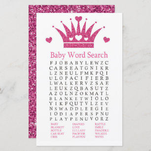 Pink Girl Crown Baby Dusche Word Search Game