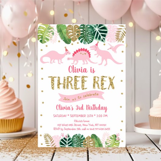 Pink Girl Dinosaur DREX REX Geburtstag Einladung