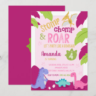Pink Girl Dinosaur Geburtstagseinladung Einladung