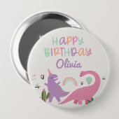 Pink Girl Dinosaur Happy Birthday Button (Vorne & Hinten)