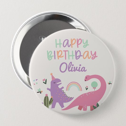 Pink Girl Dinosaur Happy Birthday Button (Vorne & Hinten)