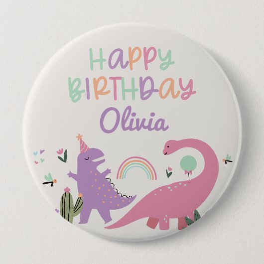 Pink Girl Dinosaur Happy Birthday Button (Vorderseite)