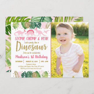 Pink Girl Dinosaur Tropical Birthday Einladung