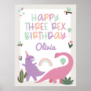 Pink Girl Dinosaurier 3. Geburtstag Party Poster
