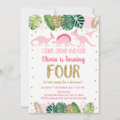 Pink Girl Dinosaurier Vierter Geburtstag Einladung (Vorderseite)