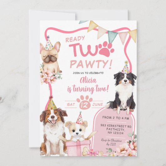 Pink Girl Dog Ready TWO pawty Einladung (Vorderseite)