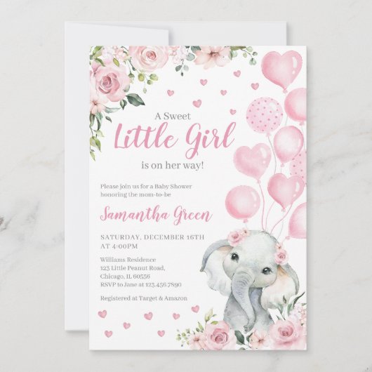 Pink Girl Elephant Baby Dusche Einladung (Vorderseite)