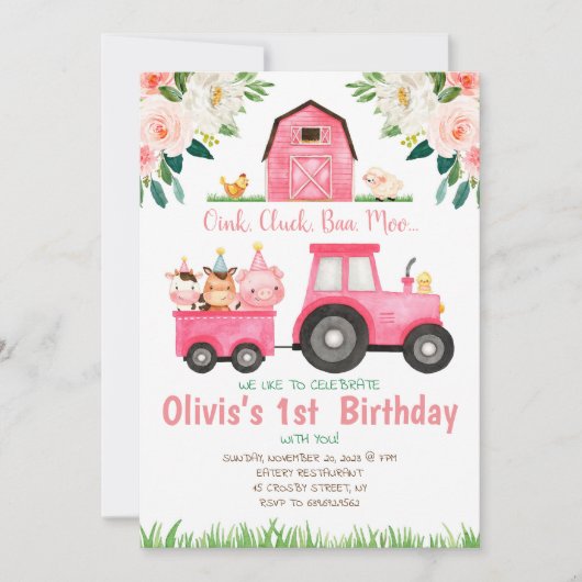 Pink Girl Farmtiere Geburtstagsparty Einladung (Vorderseite)