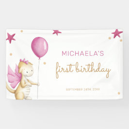 Pink Girl First Birthday Dragon Party Banner