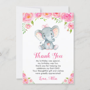 Pink Girl First Birthday Elephant Little Peanut Dankeskarte