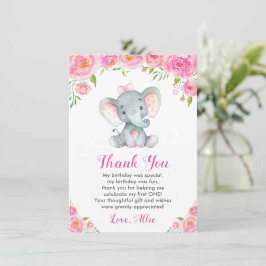 Pink Girl First Birthday Elephant Little Peanut Dankeskarte (Stehend Vorderseite)