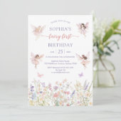 Pink Girl Floral Fairy First 1st Birthday Einladung (Stehend Vorderseite)