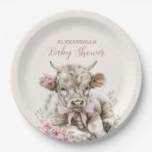 Pink Girl Floral Highland Kuh Baby Dusche Pappteller (Vorderseite)