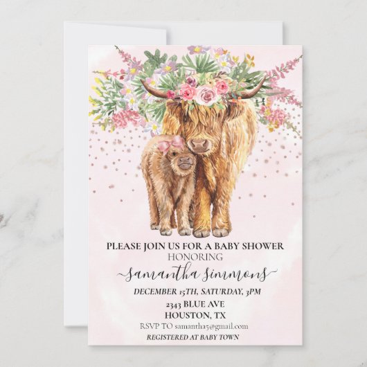 Pink Girl Floral Highland Kuh Calf Baby Dusche Einladung (Vorderseite)