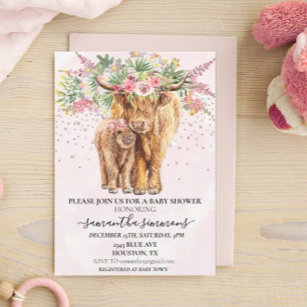 Pink Girl Floral Highland Kuh Calf Baby Dusche Einladung