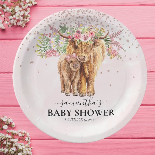 Pink Girl Floral Highland Kuh Calf Baby Dusche Pappteller