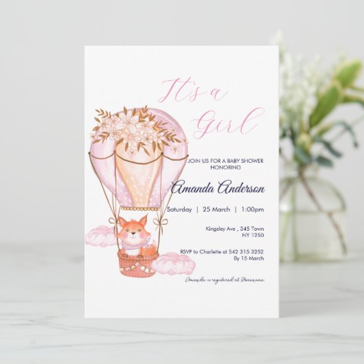 Pink Girl Fox Ballon Kinderdusche Einladung (Stehend Vorderseite)