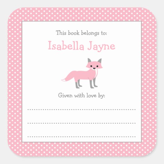 Pink Girl Fox Buchzeichen-Aufkleber Quadratischer Aufkleber (Vorderseite)