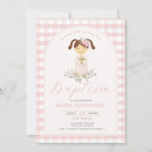 Pink Girl Gingham Wildblumen Christening Taufe Einladung (Vorderseite)