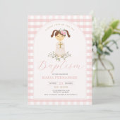 Pink Girl Gingham Wildblumen Christening Taufe Einladung (Stehend Vorderseite)