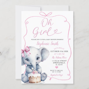 Pink Girl Handgezeichnet mit Bow Elephant Babydusc Einladung