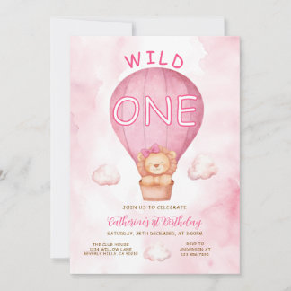 Pink Girl Lion Wild One Hot Air Balloon Birthday Einladung