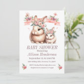 Pink Girl Mommy und Baby Bunny Baby Dusche Einladung (Stehend Vorderseite)