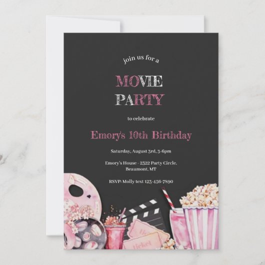 PINK GIRL MOVIE NIGHT PARTY EINLADUNG (Vorderseite)