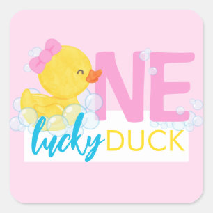 Pink Girl One Lucky Duck 1. Geburtstag Party Quadratischer Aufkleber