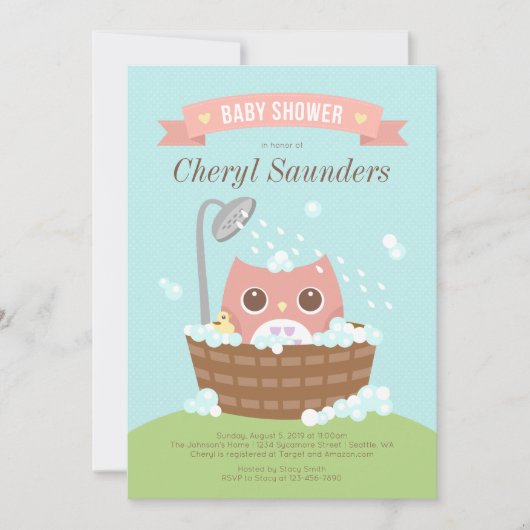 Pink Girl Owl in Holzröhre Dusche Einladung (Vorderseite)