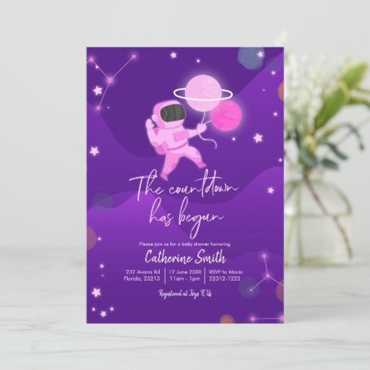 Pink Girl Planet Space Baby Dusche Einladung (Stehend Vorderseite)