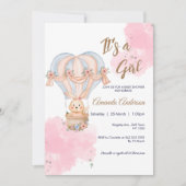 Pink Girl Rabbit Balloon Kinderdusche Einladung (Vorderseite)